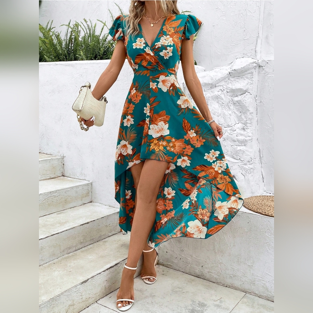 Tropical Print Butterfly Sleeve High Low Hem Dress - Picture 3 of 5